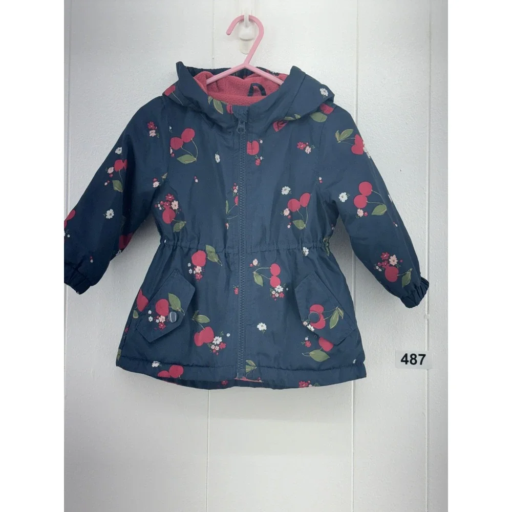OshKosh Bgosh Girls Navy Blue Cherry Print Hooded Puffer Jacket Fleece Lined 12M